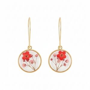 🆕️ Artisan With Real Floral & Resin Elegant Gold and Red Floral Earrings